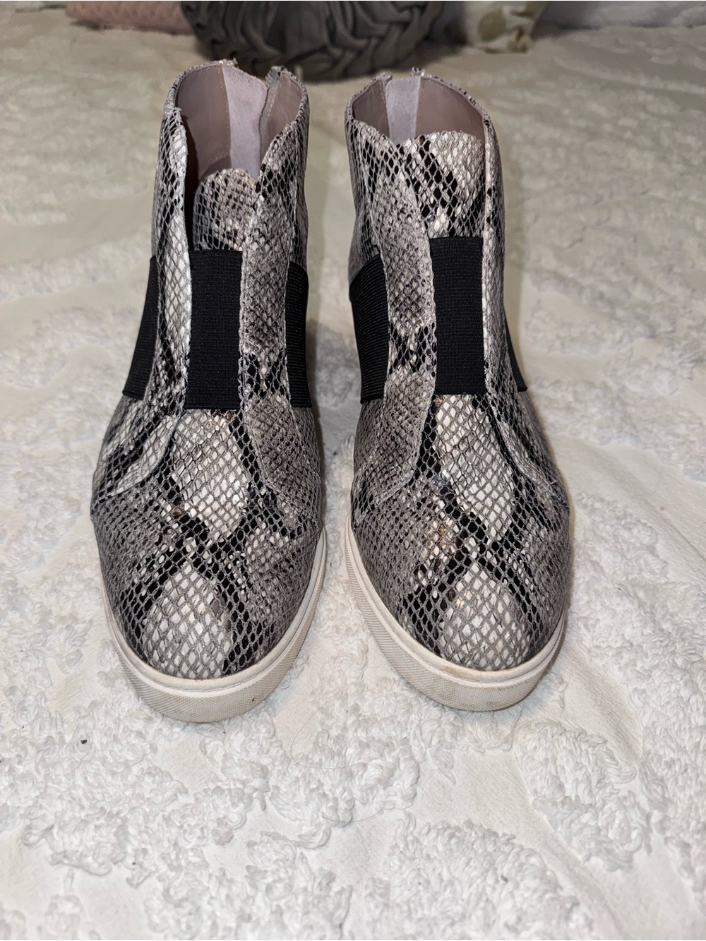 Paolo Snake-Print Slip-On Ankle Booties in Gray and Black